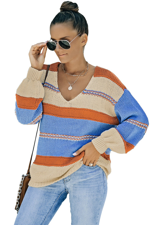 V-Neck Knitted Lantern Sleeve Pullover Sweater
